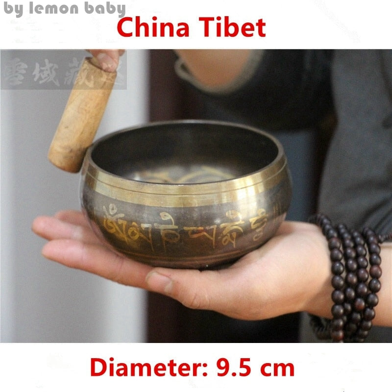 1 set Copper Buddha Sound Bowl Alms Bowl Yoga Tibetan Meditation Singing Bowl With Hand Stick Metal Crafts Ornaments GPD8049