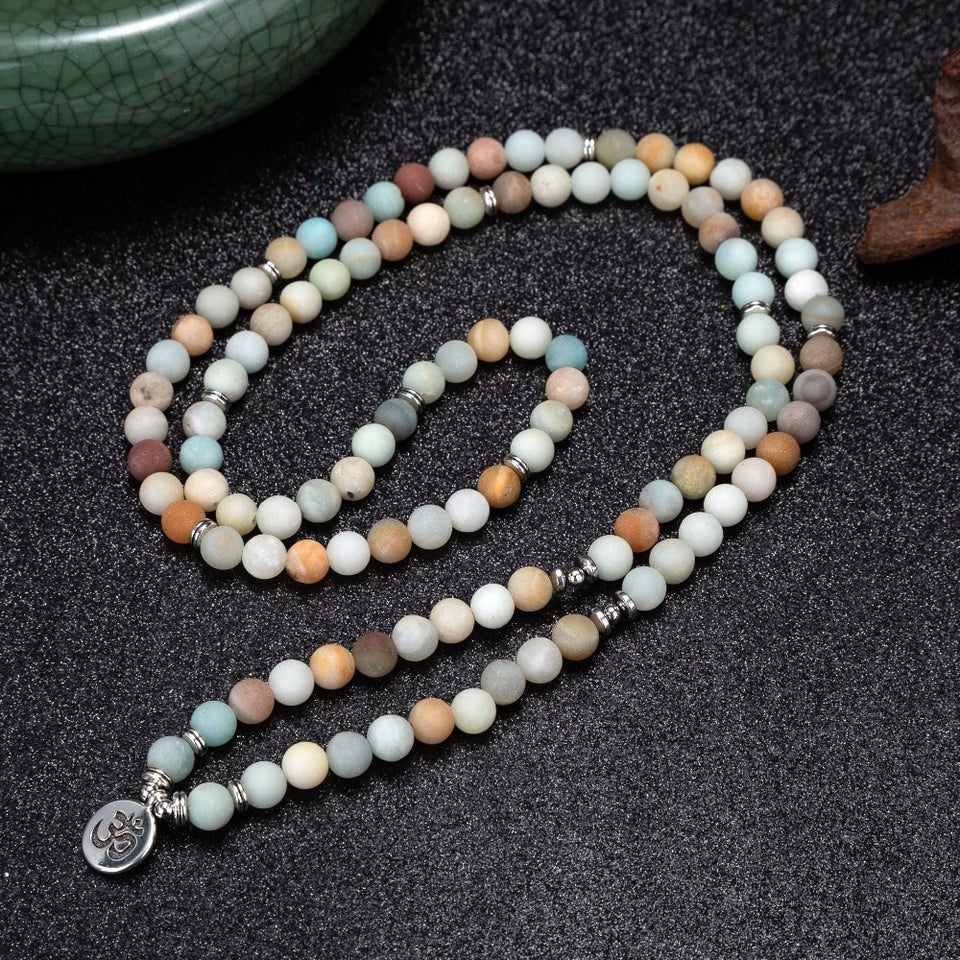 108 Beaded Multi-layer Wrap Matte Amazonite Stones Lotus OM Buddha Tree of Life Charm Yoga Bracelets