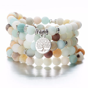 108 Beaded Multi-layer Wrap Matte Amazonite Stones Lotus OM Buddha Tree of Life Charm Yoga Bracelets