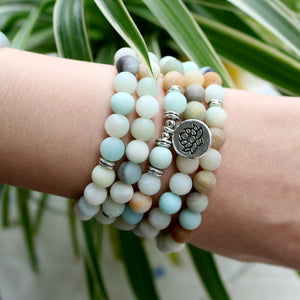 108 Beaded Multi-layer Wrap Matte Amazonite Stones Lotus OM Buddha Tree of Life Charm Yoga Bracelets