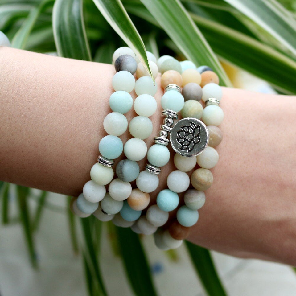 108 Beaded Multi-layer Wrap Matte Amazonite Stones Lotus OM Buddha Tree of Life Charm Yoga Bracelets