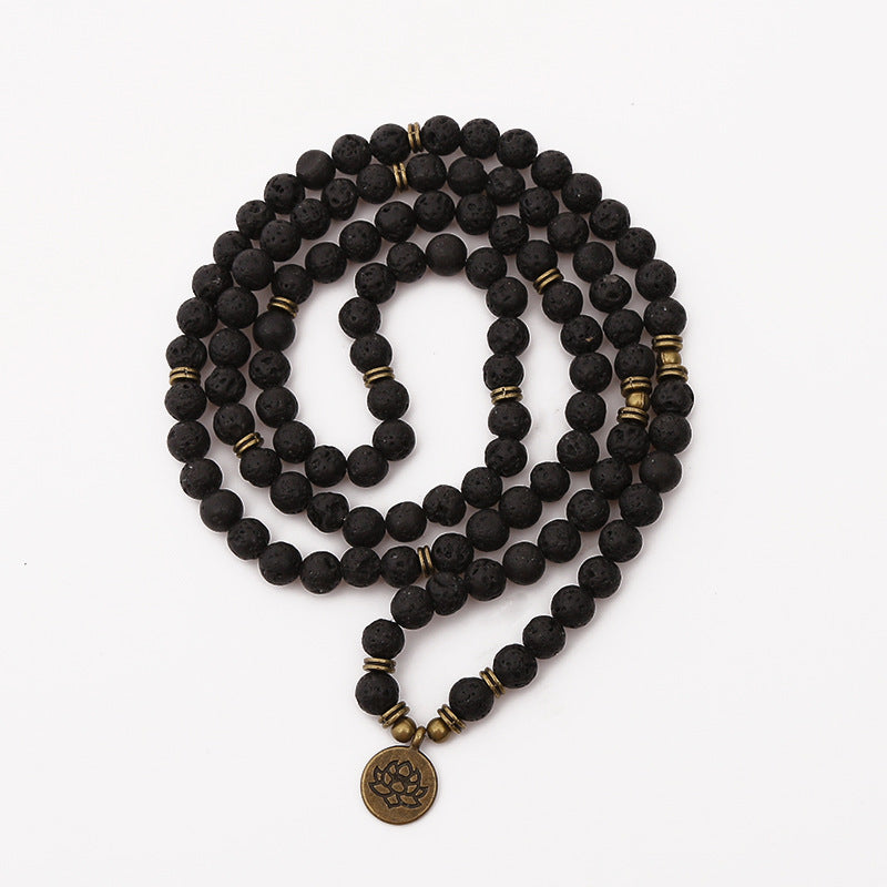 108 Beads Buddha Lotus Mala Bracelet for Women Men 8 mm Lava Rock Stone Strand Charm Bracelet or Necklace Fashion Jewelry