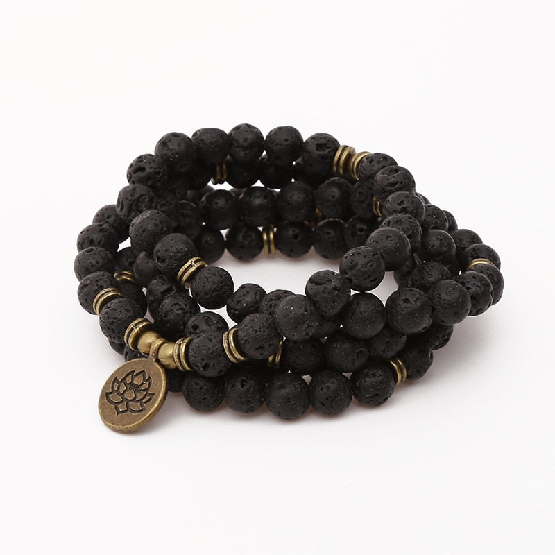 108 Beads Buddha Lotus Mala Bracelet for Women Men 8 mm Lava Rock Stone Strand Charm Bracelet or Necklace Fashion Jewelry