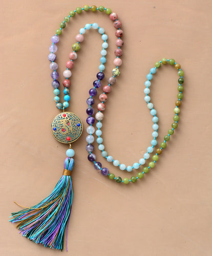 108 Beads Mala Natural Stone Nepal Charm Long Tassel Necklace Women Meditation Necklace Bead Knotted Yoga Necklace