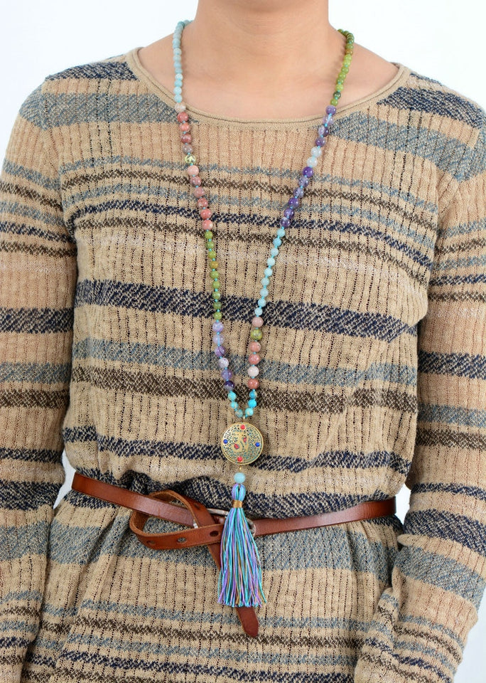108 Beads Mala Natural Stone Nepal Charm Long Tassel Necklace Women Meditation Necklace Bead Knotted Yoga Necklace