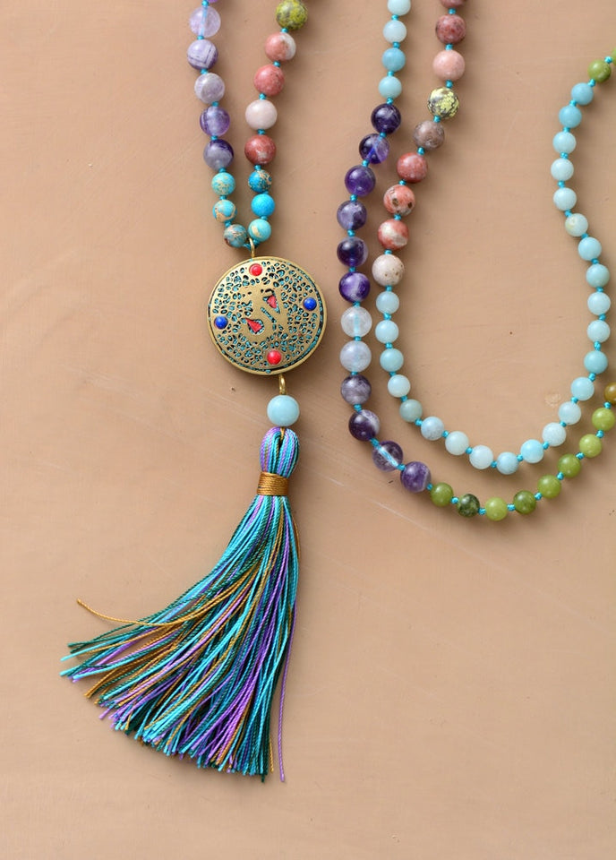 108 Beads Mala Natural Stone Nepal Charm Long Tassel Necklace Women Meditation Necklace Bead Knotted Yoga Necklace