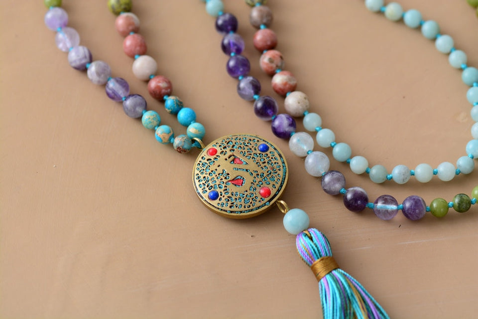 108 Beads Mala Natural Stone Nepal Charm Long Tassel Necklace Women Meditation Necklace Bead Knotted Yoga Necklace