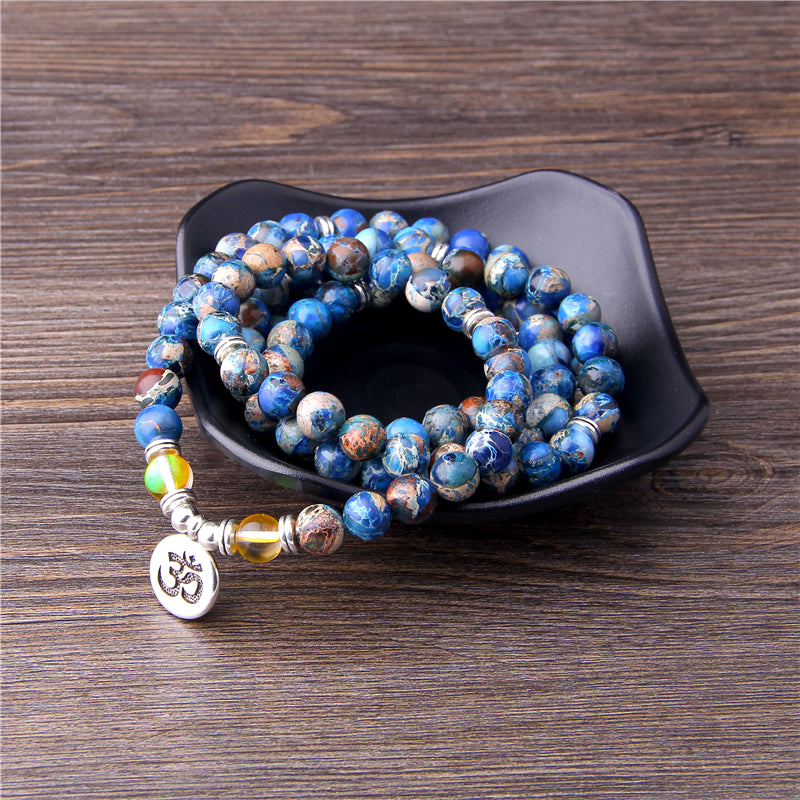 108 Mala Necklace Natural Stone Purple Imperial Jaspers Beads with Lotus OM Buddha Charm Bracelet for Women Men Fashion Jewelry