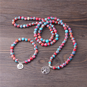 108 Mala Necklace Natural Stone Purple Imperial Jaspers Beads with Lotus OM Buddha Charm Bracelet for Women Men Fashion Jewelry