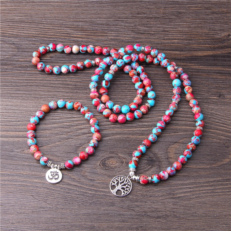 108 Mala Necklace Natural Stone Purple Imperial Jaspers Beads with Lotus OM Buddha Charm Bracelet for Women Men Fashion Jewelry
