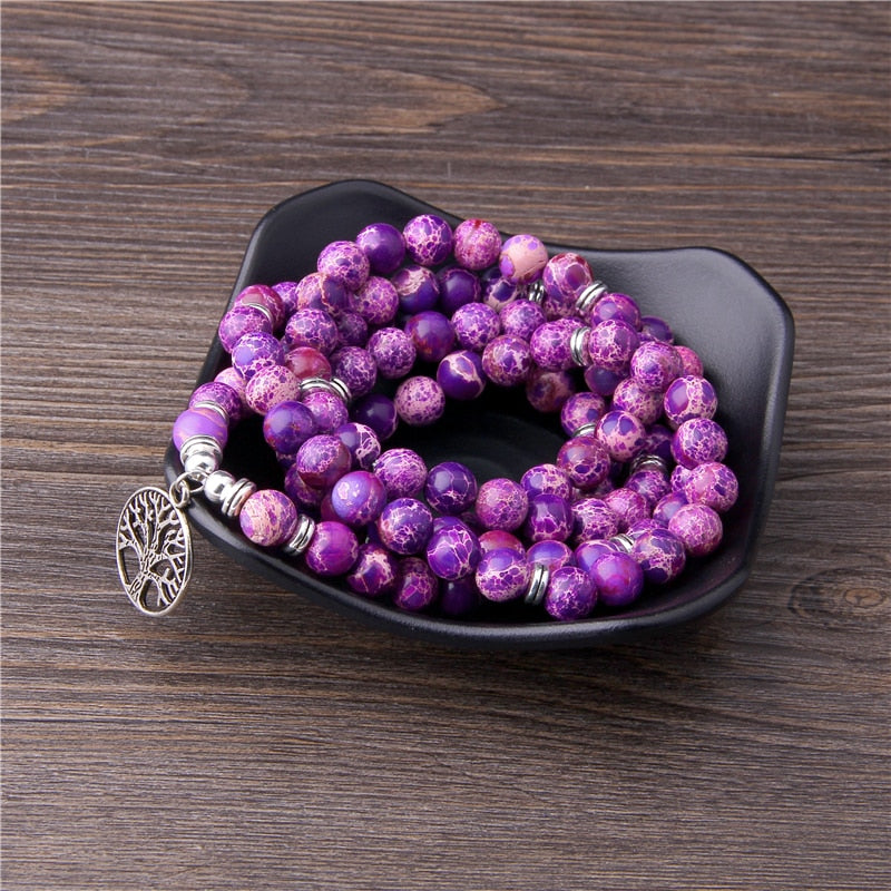 108 Mala Necklace Natural Stone Purple Imperial Jaspers Beads with Lotus OM Buddha Charm Bracelet for Women Men Fashion Jewelry