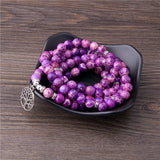 108 Mala Necklace Natural Stone Purple Imperial Jaspers Beads with Lotus OM Buddha Charm Bracelet for Women Men Fashion Jewelry