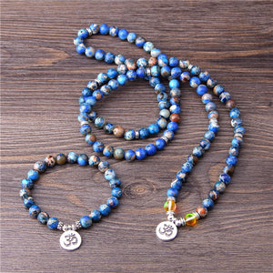 108 Mala Necklace Natural Stone Purple Imperial Jaspers Beads with Lotus OM Buddha Charm Bracelet for Women Men Fashion Jewelry