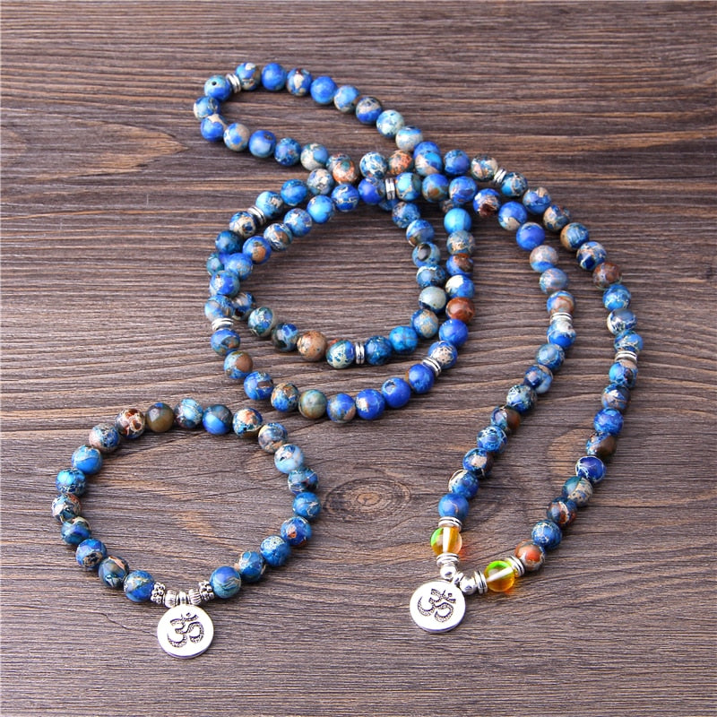 108 Mala Necklace Natural Stone Purple Imperial Jaspers Beads with Lotus OM Buddha Charm Bracelet for Women Men Fashion Jewelry