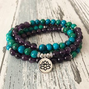 108 Prayer Beads Mala Necklace or Bracelet Lotus Buddhist Charm Mala Jewelry Amethysts & Chrysocolla Beaded Bracelet Women