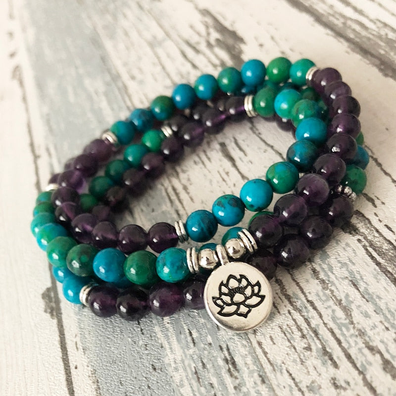 108 Prayer Beads Mala Necklace or Bracelet Lotus Buddhist Charm Mala Jewelry Amethysts & Chrysocolla Beaded Bracelet Women