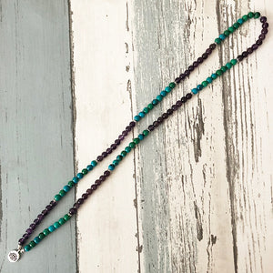 108 Prayer Beads Mala Necklace or Bracelet Lotus Buddhist Charm Mala Jewelry Amethysts & Chrysocolla Beaded Bracelet Women