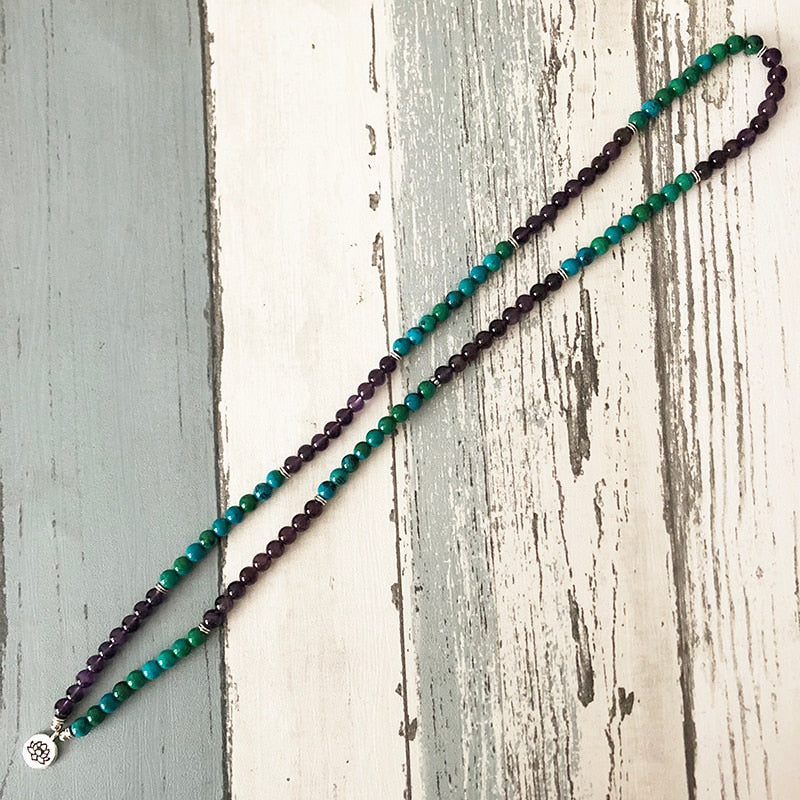 108 Prayer Beads Mala Necklace or Bracelet Lotus Buddhist Charm Mala Jewelry Amethysts & Chrysocolla Beaded Bracelet Women