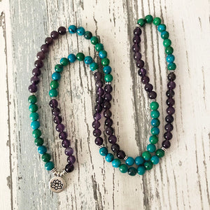 108 Prayer Beads Mala Necklace or Bracelet Lotus Buddhist Charm Mala Jewelry Amethysts & Chrysocolla Beaded Bracelet Women