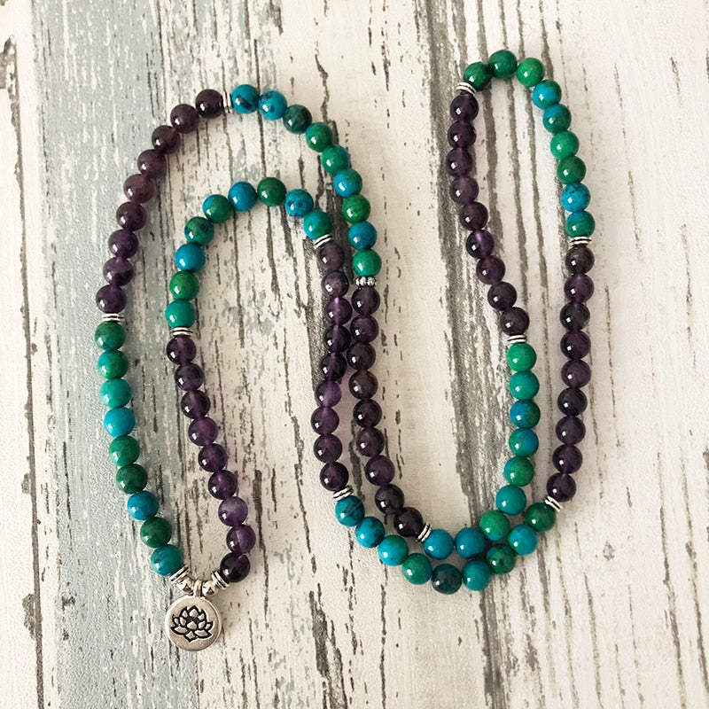 108 Prayer Beads Mala Necklace or Bracelet Lotus Buddhist Charm Mala Jewelry Amethysts & Chrysocolla Beaded Bracelet Women