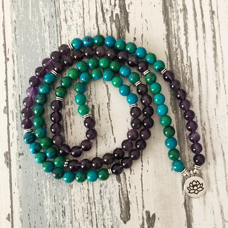 108 Prayer Beads Mala Necklace or Bracelet Lotus Buddhist Charm Mala Jewelry Amethysts & Chrysocolla Beaded Bracelet Women