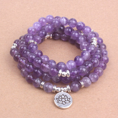 108 Purple crystal natural stone beads with Lotus OM Buddha Charm Yoga Bracelet or Necklace Natural stone jewelry
