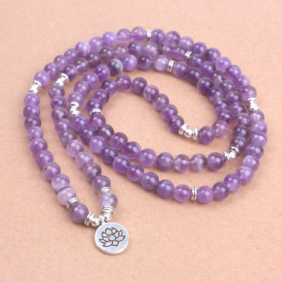 108 Purple crystal natural stone beads with Lotus OM Buddha Charm Yoga Bracelet or Necklace Natural stone jewelry