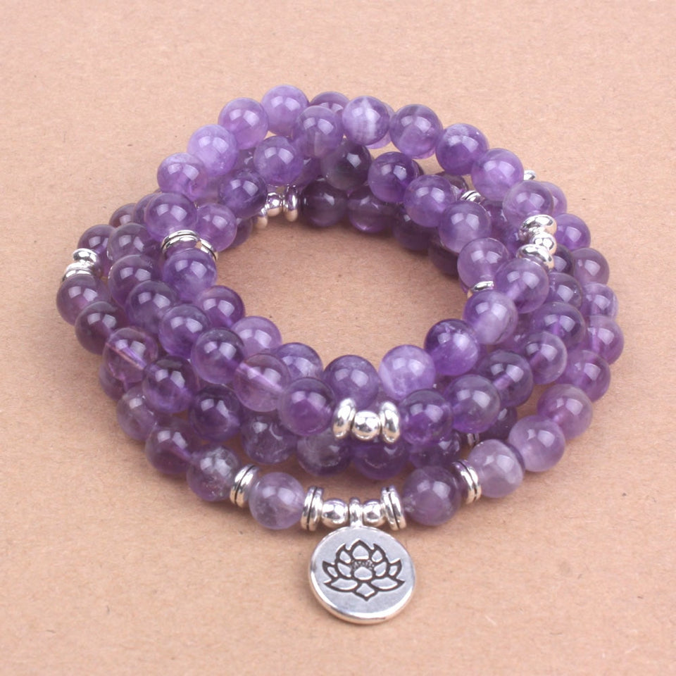 108 Purple crystal natural stone beads with Lotus OM Buddha Charm Yoga Bracelet or Necklace Natural stone jewelry