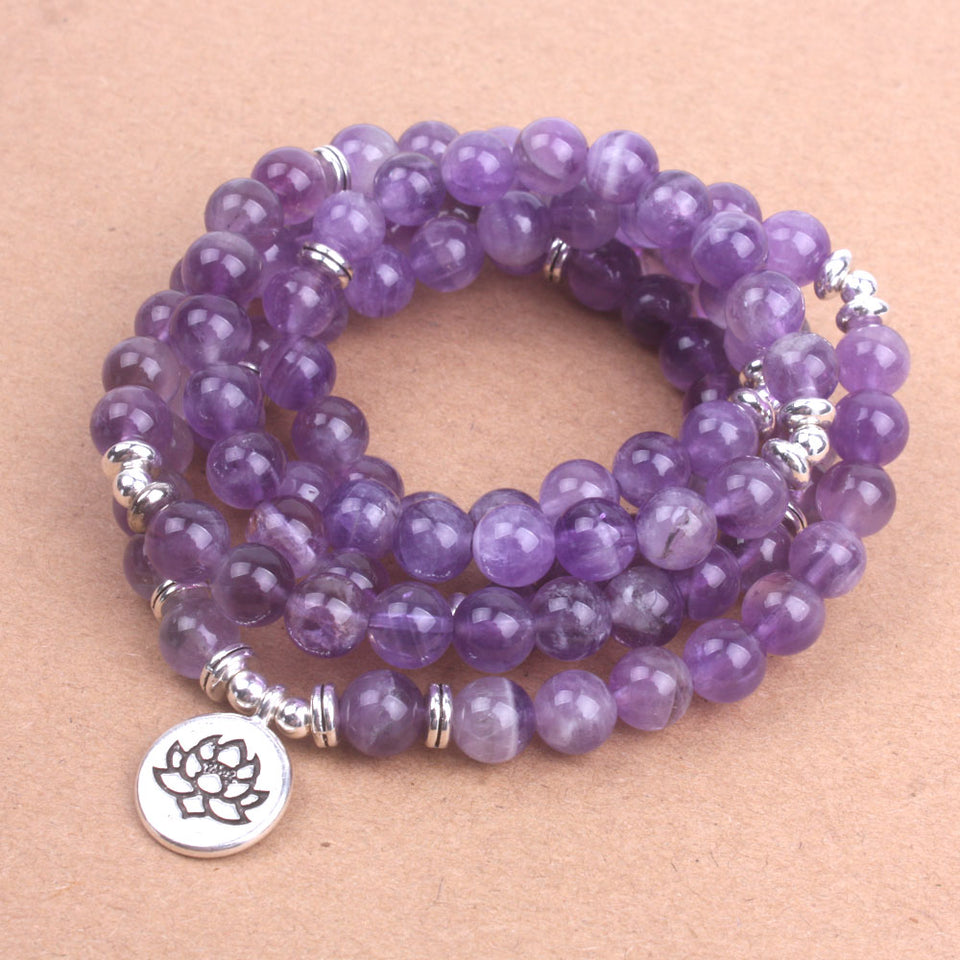 108 Purple crystal natural stone beads with Lotus OM Buddha Charm Yoga Bracelet or Necklace Natural stone jewelry