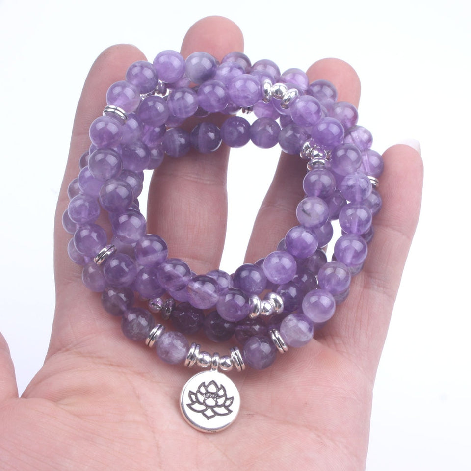 108 Purple crystal natural stone beads with Lotus OM Buddha Charm Yoga Bracelet or Necklace Natural stone jewelry
