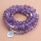 108 Purple crystal natural stone beads with Lotus OM Buddha Charm Yoga Bracelet or Necklace Natural stone jewelry