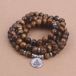 108 Tiger Eye mala beads with Lotus OM Buddhist Charm yoga bracelet for women Natural stone  jewelry