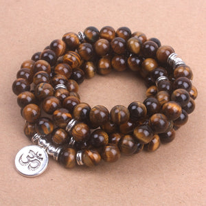 108 Tiger Eye mala beads with Lotus OM Buddhist Charm yoga bracelet for women Natural stone  jewelry