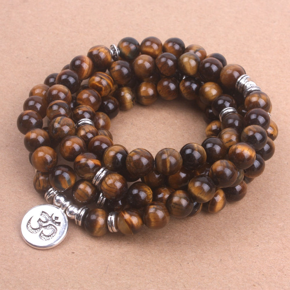 108 Tiger Eye mala beads with Lotus OM Buddhist Charm yoga bracelet for women Natural stone  jewelry