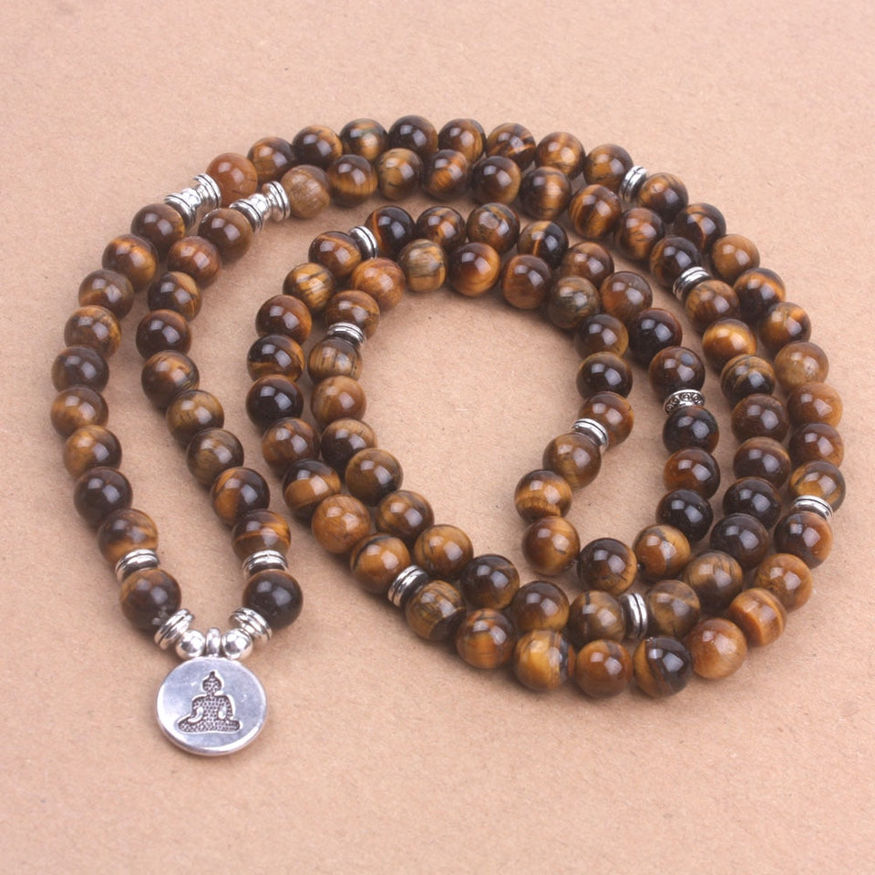 108 Tiger Eye mala beads with Lotus OM Buddhist Charm yoga bracelet for women Natural stone  jewelry