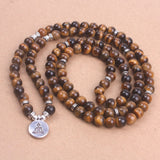 108 Tiger Eye mala beads with Lotus OM Buddhist Charm yoga bracelet for women Natural stone  jewelry