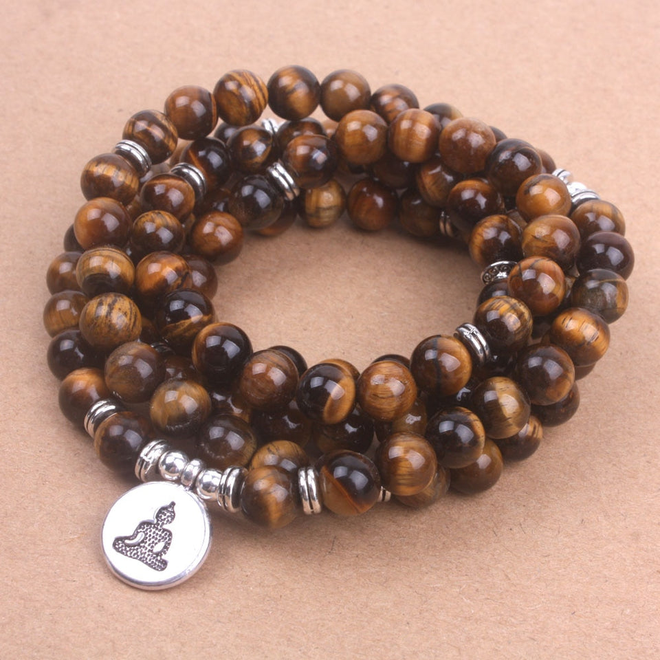108 Tiger Eye mala beads with Lotus OM Buddhist Charm yoga bracelet for women Natural stone  jewelry