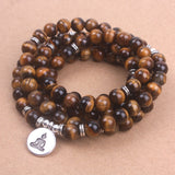 108 Tiger Eye mala beads with Lotus OM Buddhist Charm yoga bracelet for women Natural stone  jewelry