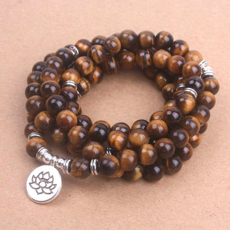 108 Tiger Eye mala beads with Lotus OM Buddhist Charm yoga bracelet for women Natural stone  jewelry