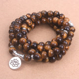 108 Tiger Eye mala beads with Lotus OM Buddhist Charm yoga bracelet for women Natural stone  jewelry
