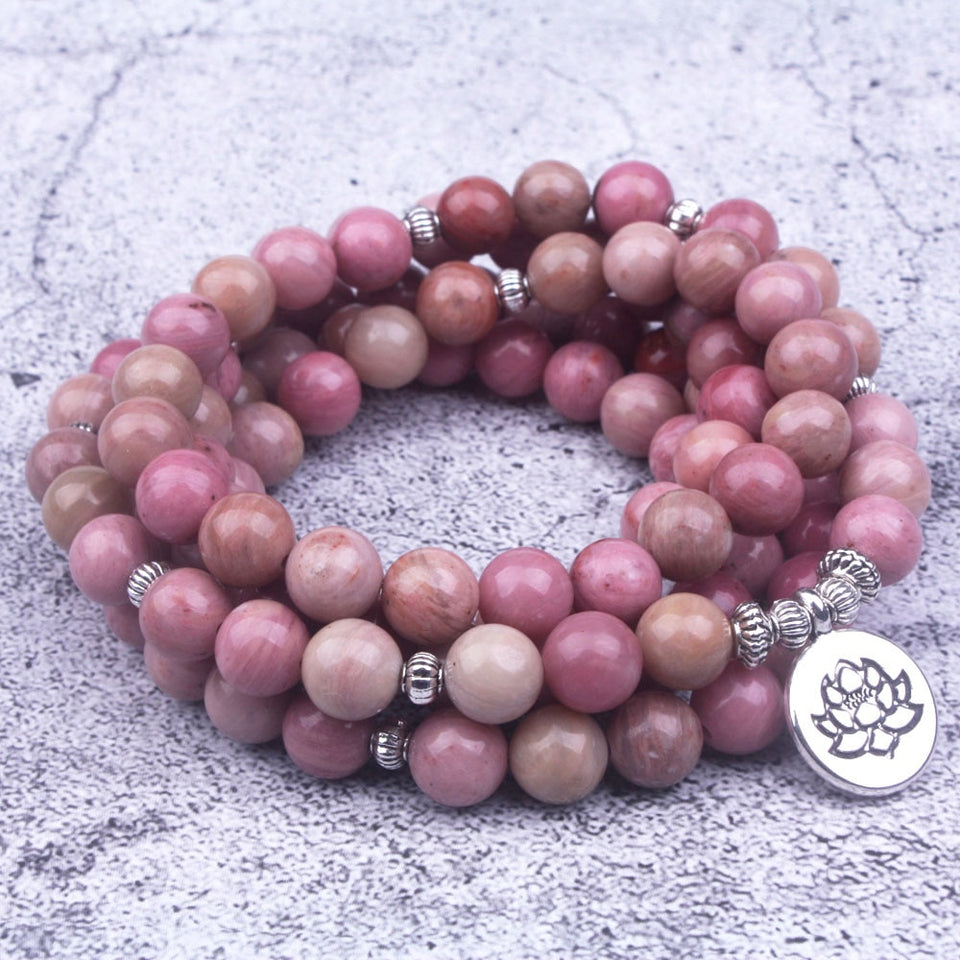 108 mala Natural Rhodochrosite Stone Beaded Buddha OM Lotus Charm Bracelet For Women Lucky Meditation Yoga Jewelry