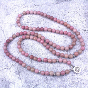 108 mala Natural Rhodochrosite Stone Beaded Buddha OM Lotus Charm Bracelet For Women Lucky Meditation Yoga Jewelry