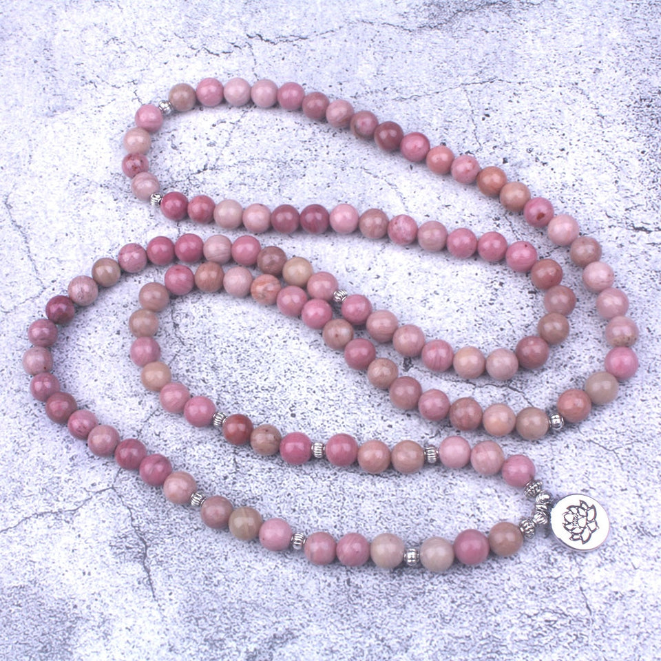 108 mala Natural Rhodochrosite Stone Beaded Buddha OM Lotus Charm Bracelet For Women Lucky Meditation Yoga Jewelry