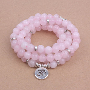 108 mala beads with Lotus OM Buddha Charm bracelet for women Pink Natural stone bracelet yogi jewelry