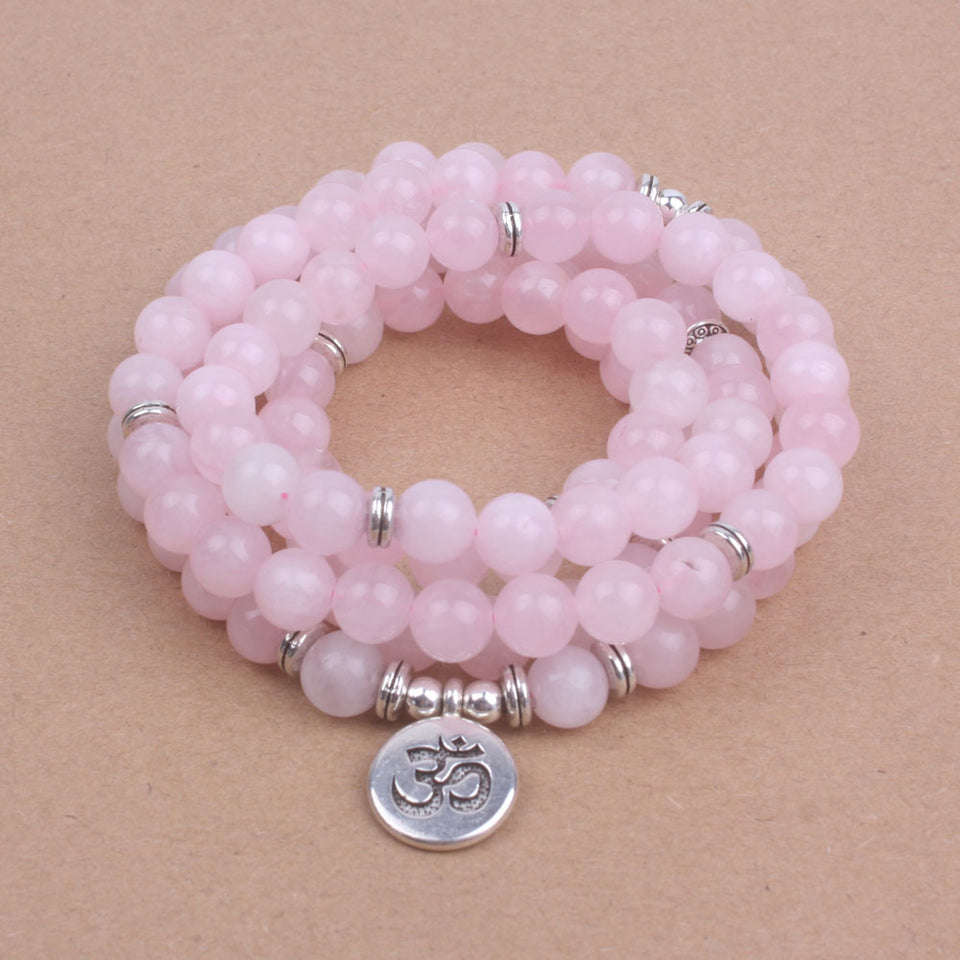 108 mala beads with Lotus OM Buddha Charm bracelet for women Pink Natural stone bracelet yogi jewelry