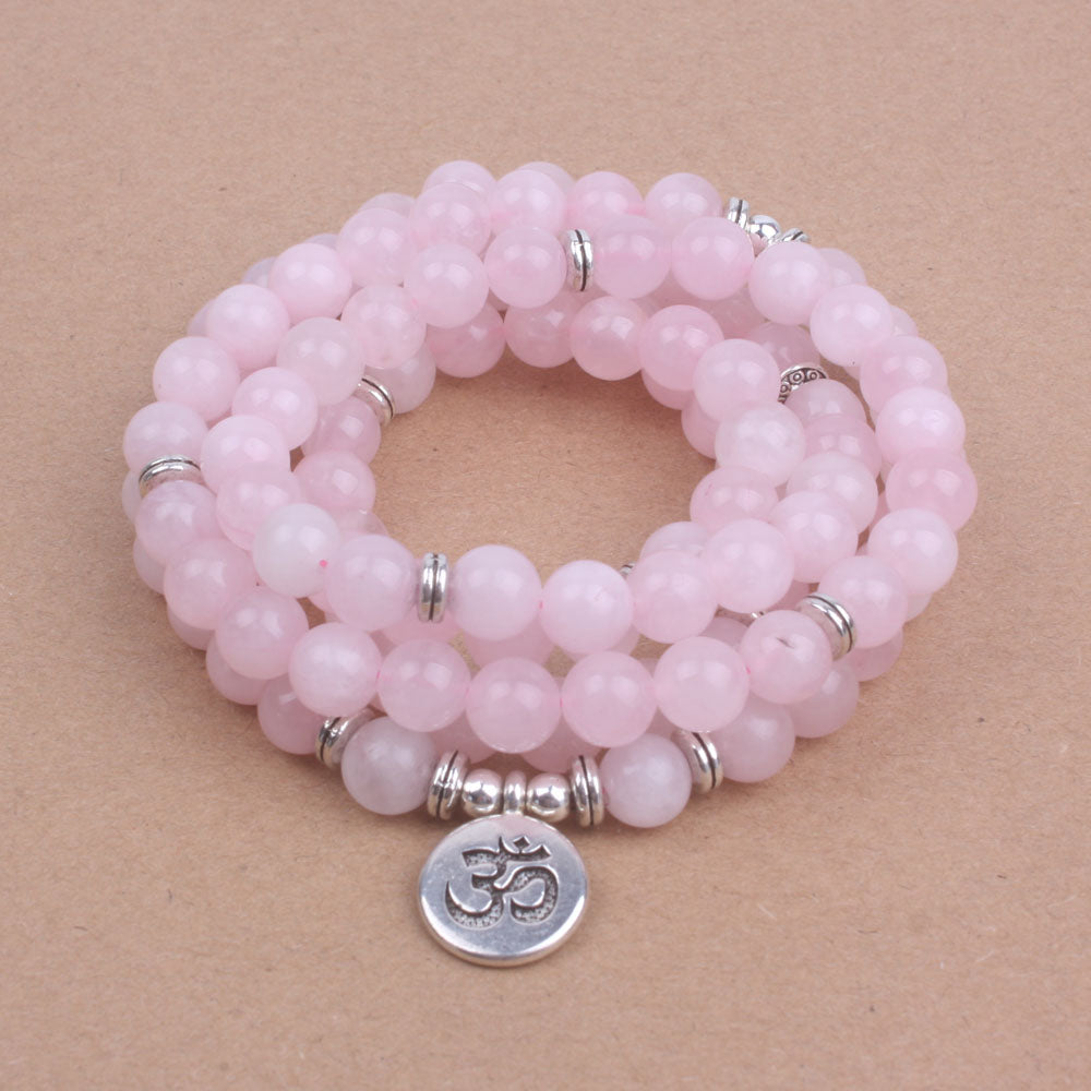108 mala beads with Lotus OM Buddha Charm bracelet for women Pink Natural stone bracelet yogi jewelry