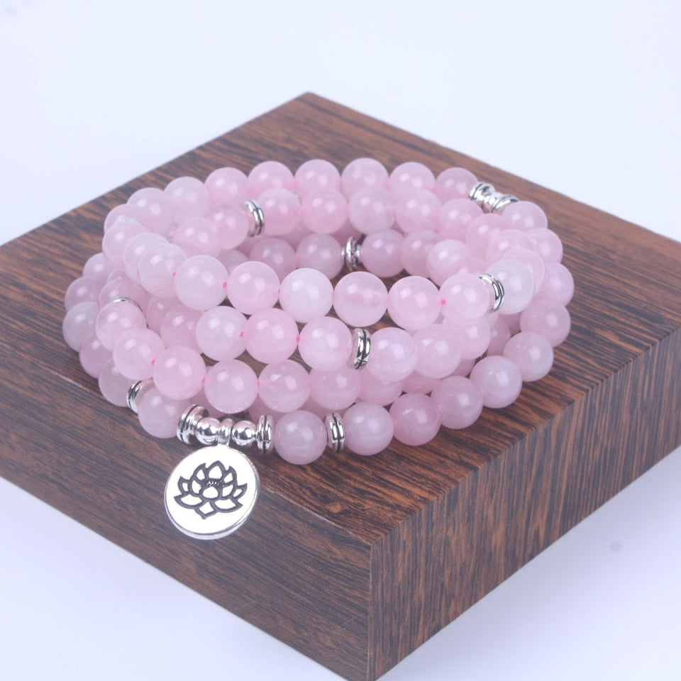 108 mala beads with Lotus OM Buddha Charm bracelet for women Pink Natural stone bracelet yogi jewelry
