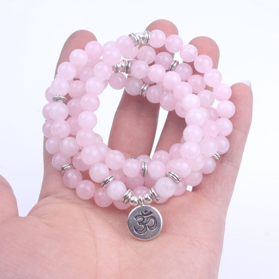 108 mala beads with Lotus OM Buddha Charm bracelet for women Pink Natural stone bracelet yogi jewelry
