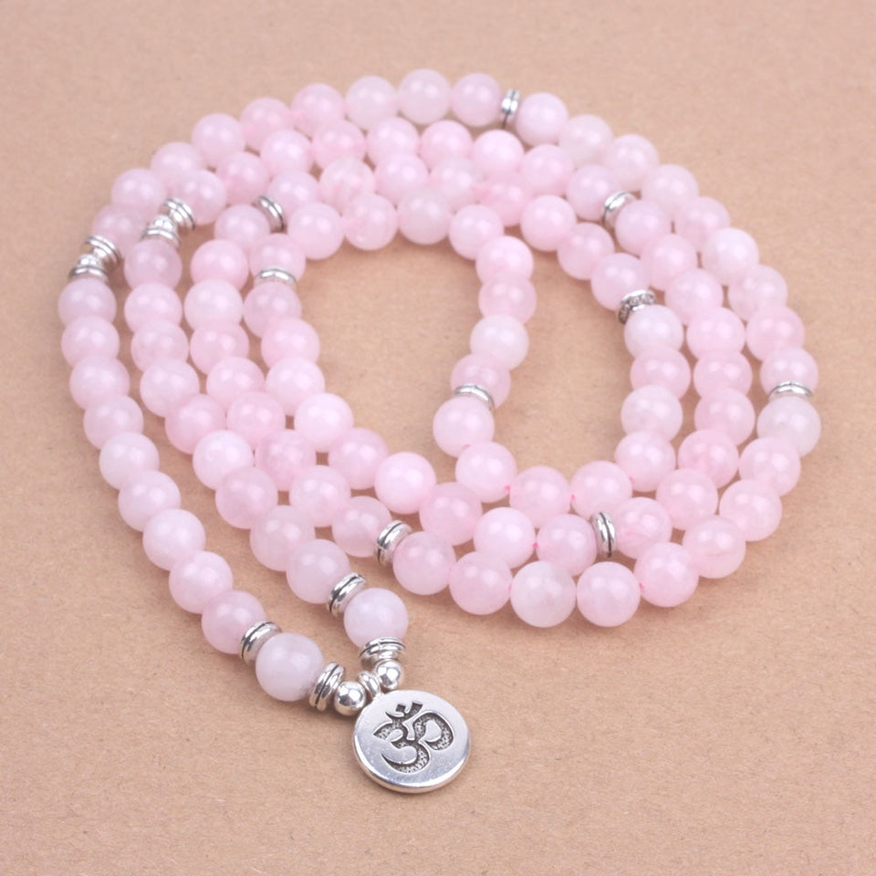 108 mala beads with Lotus OM Buddha Charm bracelet for women Pink Natural stone bracelet yogi jewelry