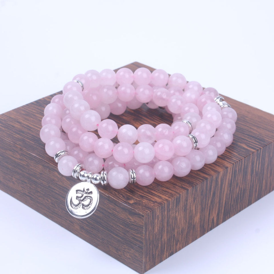 108 mala beads with Lotus OM Buddha Charm bracelet for women Pink Natural stone bracelet yogi jewelry